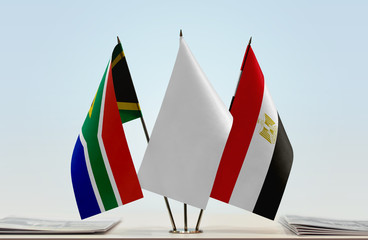 Flags of Republic of South Africa and Egypt with a white flag in the middle