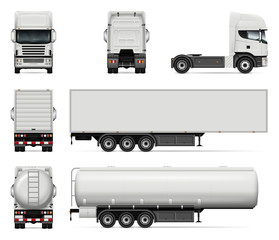 Truck vector mock-up. Isolated template of lorry on white background. Realistic vehicle branding mockup. Side, front, back view. All elements in the groups on separate layers. Easy to edit and recolor