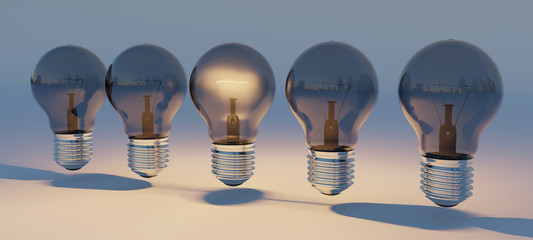 Bright lightbulbs lined up 3D rendering