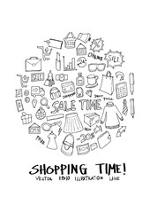 Shopping doodle illustration circle form on a4 paper wallpaper line sketch style eps10