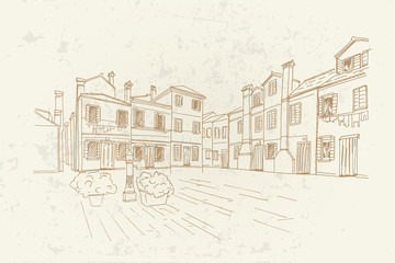 Vector sketch of architecture of Burano island, Venice, Italy