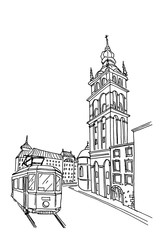 Fototapeta premium Vector sketch of street scene in Lviv, Ukraine.