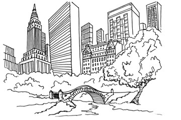 Hand drawn sketch of Central park in New York city.