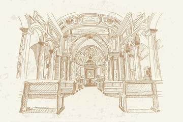 Vector sketch of interior of San Pietro in Vincoli (Saint Peter in Chains) church in Rome, Italy.  