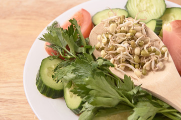 Tomato and cucumber. Sprouted beans. Wooden spoon. Fresh salad