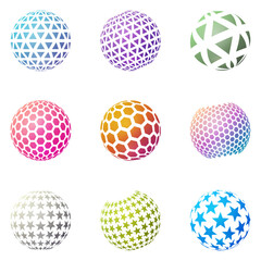 Set of minimalistic shapes. Halftone bright color spheres isolated on white background. Stylish emblems. Vector spheres with triangles, hexagons, stars for web designs. Simple signs collection