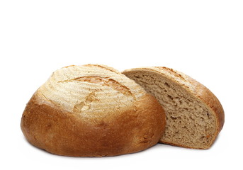 Loaf of wheat bread sliced in half isolated on white background