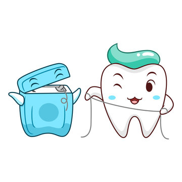 Cute cartoon tooth cleaning itself with dental floss and cartoon dental floss box.