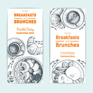 Breakfast and brunches vintage design template. Vertical banners set. Vector illustration hand drawn, linear art. Hand drawn sketch flyers. Food menu design. Engraved image.