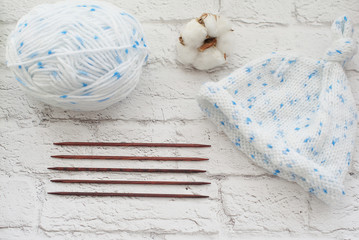 knitting needles for baby. knitting concept. knitting flat lay, top view