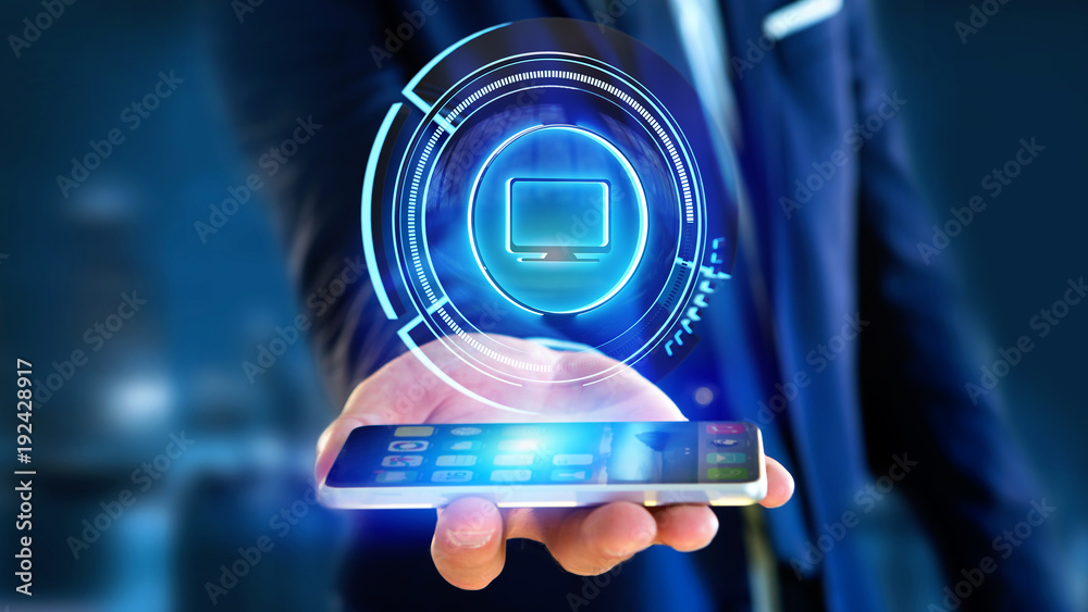 Poster businessman using a shinny technologic computer button on a smartphone - 3d render