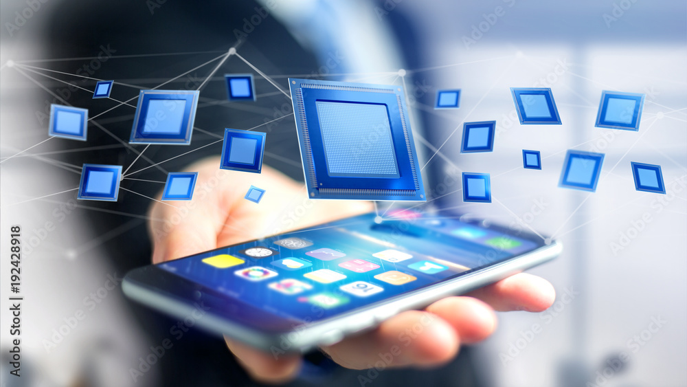 Poster businessman using a smartphone with a processor chip and network connection - 3d render