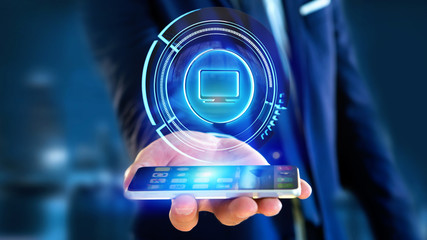 Businessman using a Shinny technologic computer button on a smartphone - 3d render