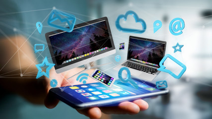 Devices like smartphone, tablet or computer flying over connection network and app- 3d render