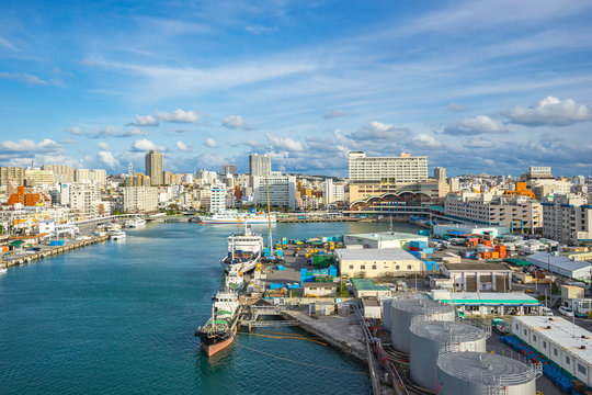 Tomari Port with Okinawa city skyline in Naha, Okinawa, Japan
