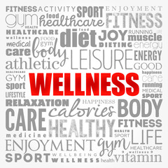 Wellness word cloud collage, health concept background