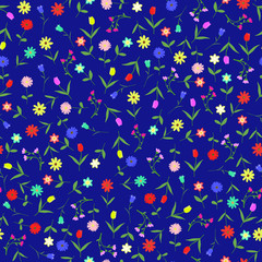 Seamles hand drawn floral pattern isolated on blue background vector illustration. Many random flowers, many colors. Early spring or summer flowers.