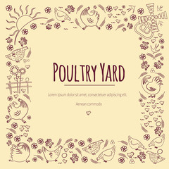 Frame silhouettes-contours of chickens and roosters, swallows and flowers. The sun, the mill, the fence. Agriculture and farms for animals. With space for text. On a beige background. Vector