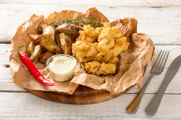 British Traditional Fish and chips served on crumpled paper.