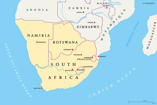 Southern Africa region political map. Southernmost region of African continent. South Africa, Namibia, Botswana, Swaziland and Lesotho. With capitals and borders English labeling. Illustration. Vector