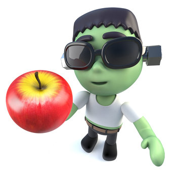 3d Funny cartoon Halloween frankenstein monster holding an apple