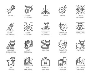 Set of 20 line icons in series of laser cutting. Computer numerical controlled printer, 3D milling machine and other thematic symbols. Stroke mono contour pictograms isolated. Vector outline labels