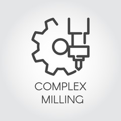 Complex milling concept icon drawing in outline style. Abstract drill and gear label. Graphic web pictogram. Automation and precision system.Technology and industrial contour logo. Vector