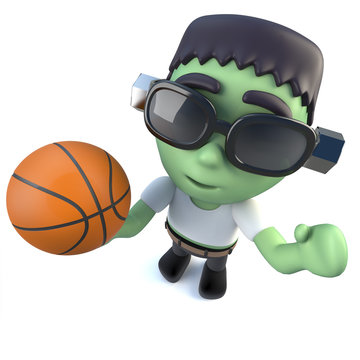 3d Funny cartoon Halloween frankenstein monster holding a basketball