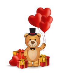 Vector card with teddy bear and heart balloons and gift boxes