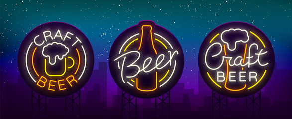 Set of beer logo, neon signs, logos of emblem in neon style, vector illustration. For the beer house bar pub, brewery. Night beer advertising, neon glowing bright sign. Billboard