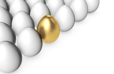 Golden egg among white eggs. 3D Rendering