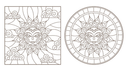 Set contour illustrations of stained glass sun with face, round and square image, dark outline on a white background , isolate