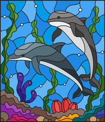 Obraz premium Illustration in stained glass style with a pair of dolphins on the background of water and the seabed