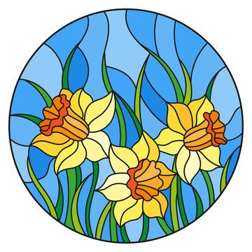 Illustration in stained glass style with a bouquet of yellow daffodils on a blue background, round image