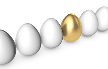 Golden egg among white eggs. 3D Rendering