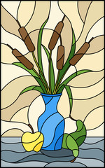 Fototapeta na wymiar Illustration in stained glass style with bouquets of bulrush in a blue vase , pears and apples on table on beige background