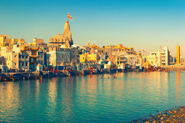 View of Gomti Ghat and Hindu Temple "Shree Dwarkadhish". Dwarka, Gujarat, India