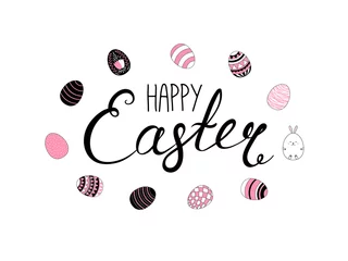 Foto auf Alu-Dibond Hand written Happy Easter lettering with cute cartoon eggs. Isolated objects on white. Vector illustration. Festive design elements. Concept for greeting card, invitation. © Maria Skrigan