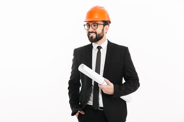 Happy engineer businessman holding project.