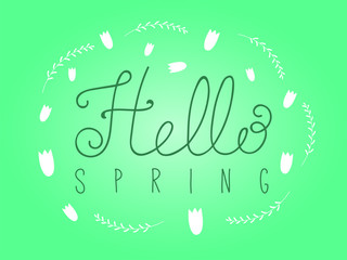Hand written Hello Spring lettering with cartoon grass and tulip flowers. Isolated objects on white. Vector illustration. Design concept for change of seasons.