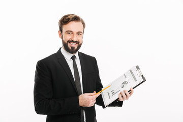 Cheerful businessman holding documents.