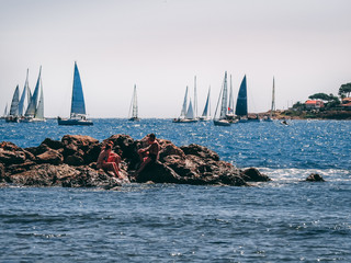Racing yacht in the mediterranean sea on blue sky background