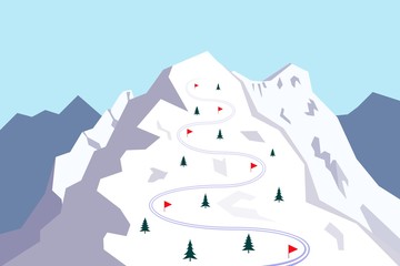 Snow covered mountain with ski track. Skiing trace marked with red flags. Vector illustration. - obrazy, fototapety, plakaty