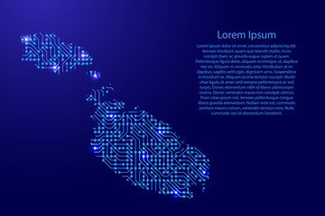 Map Malta from printed board, chip and radio component with blue star space on the contour for banner, poster, greeting card, of vector illustration.