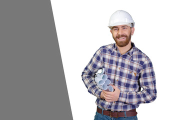 Young male engineer with helmet holding blueprints