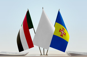 Flags of Sudan and Madeira with a white flag in the middle