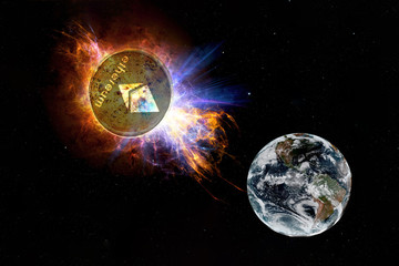 Gold coin of ethereum falls to the ground from space. Ethereum attack earth. Elements of this image furnished by NASA.