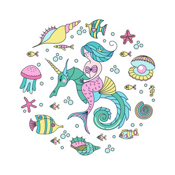 Mermaid, mythological creature. Mermaid riding a sea horse. Surrounded by sea fish, shells, jellyfish. Vector illustration. Isolated on a white background.