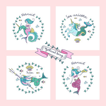 Set of vector mythological creatures. Mermaid riding a seahorse, sea unicorn, mermaid with sea shell in hand, Sea king Triton with Trident.
