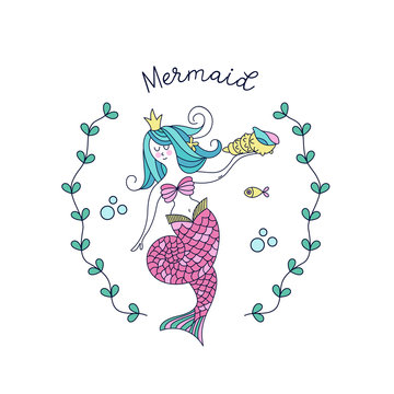 Mermaid, mythological creature. Mermaid holding a sea shell. Vector illustration. Isolated on a white background.